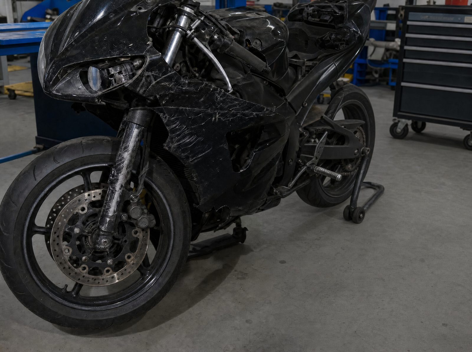 Motorrad-Gutachten: beschädigtes Motorrad mit Sturzschäden in der Werkstatt